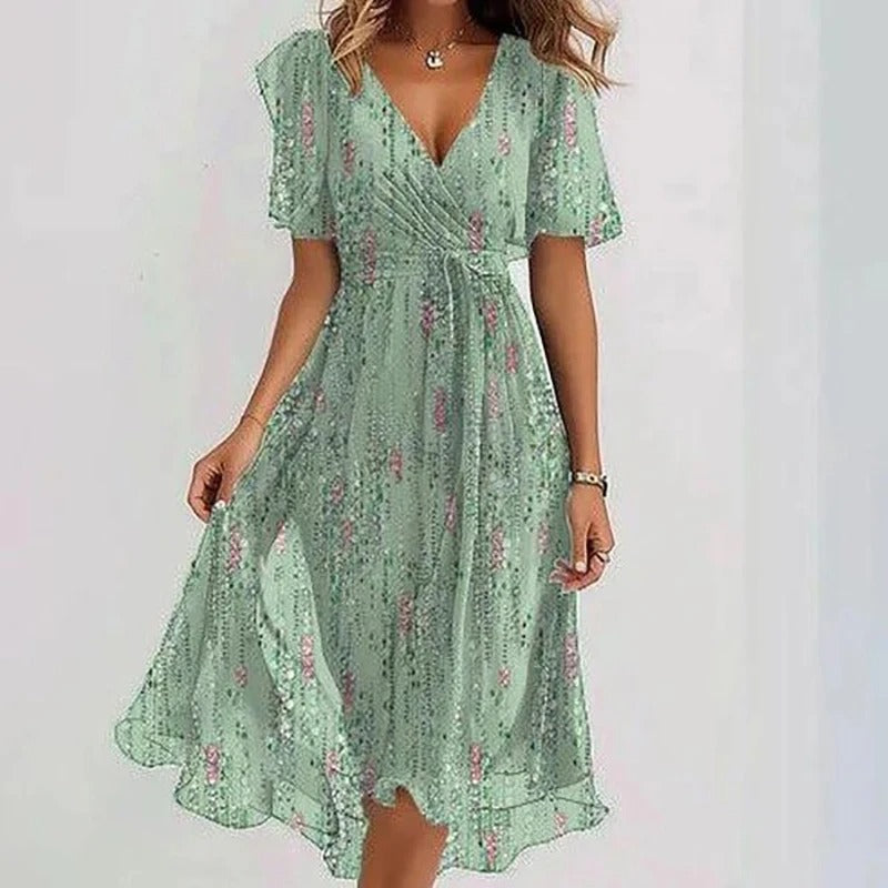 Robe florale élégante Yara de Danoir Paris, tissu léger avec motif floral, portée fluide et sophistiquée.