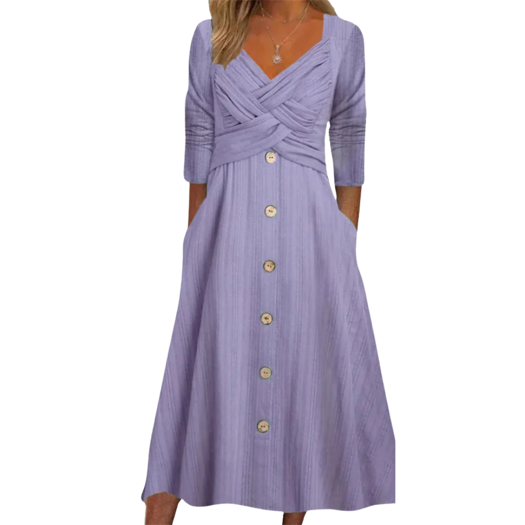 Robe élégante Ella de Danoir Paris avec couverture du ventre en tissu fluide et design sophistiqué.