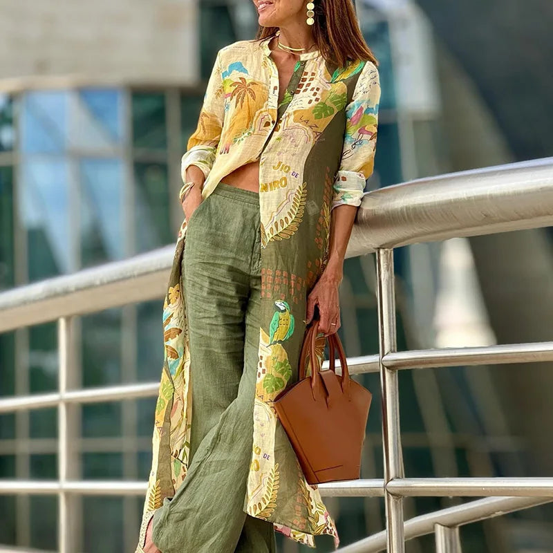 Ensemble en lin Jessica de Danoir Paris, haut et pantalon assortis, tissu léger et confortable, couleur beige.