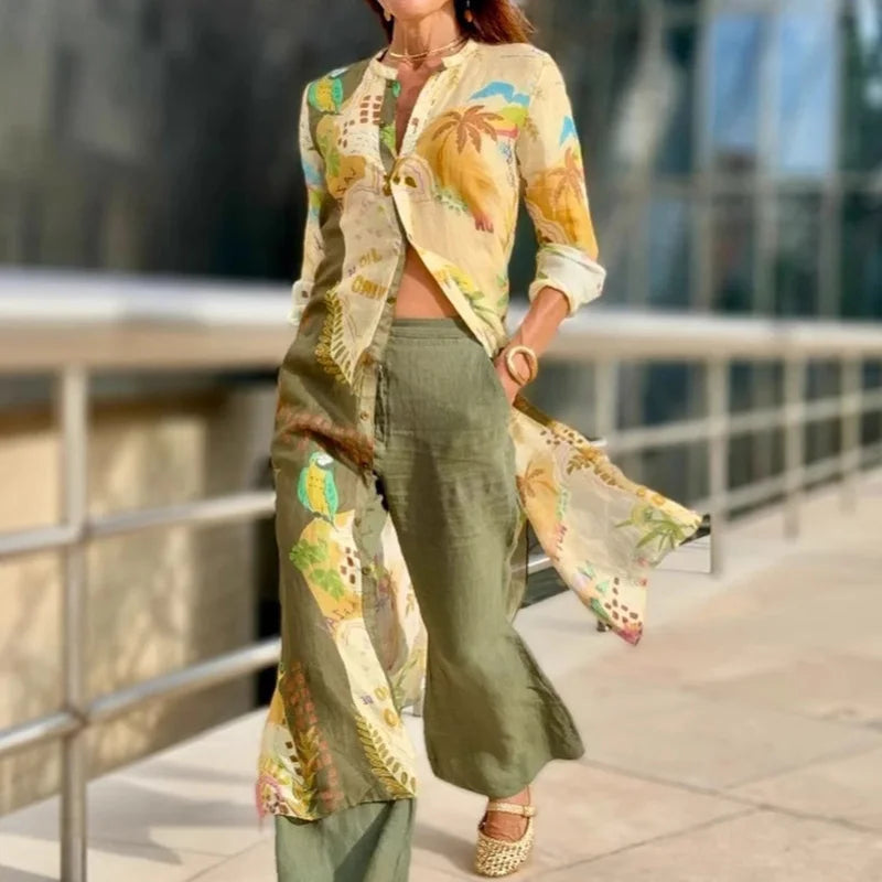 Ensemble en lin Jessica de Danoir Paris, vêtement léger et élégant avec haut et pantalon en tissu naturel beige.