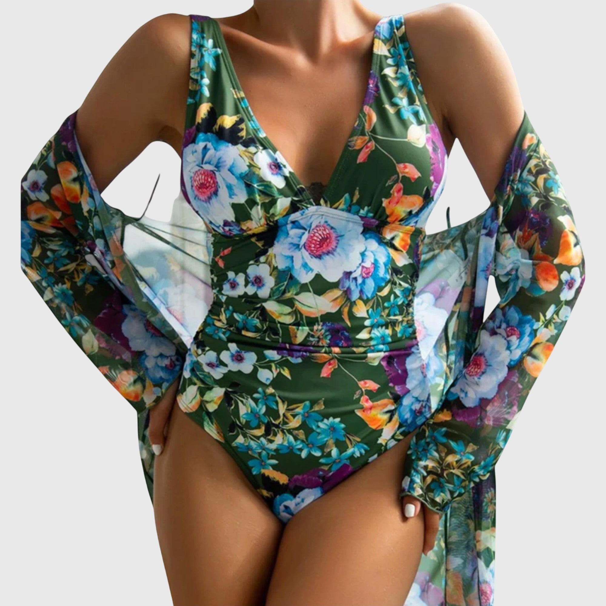 Ensemble de maillot de bain d'été Linnea de Danoir Paris avec haut et bas colorés, porté par un mannequin en plage.