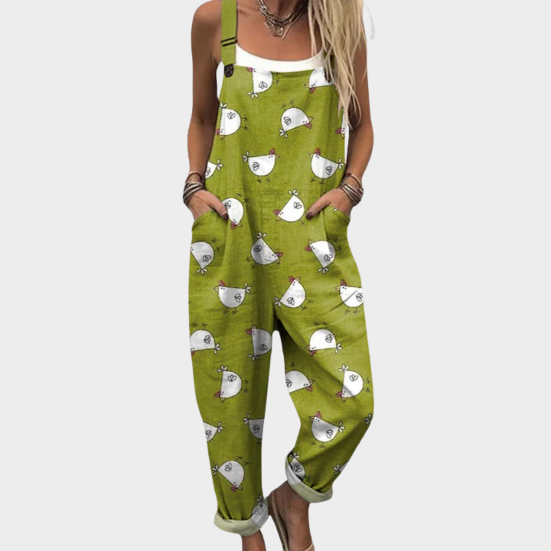Salopette imprimée Danoir Paris, confortable, en tissu vert avec motif floral, idéale pour un style décontracté.