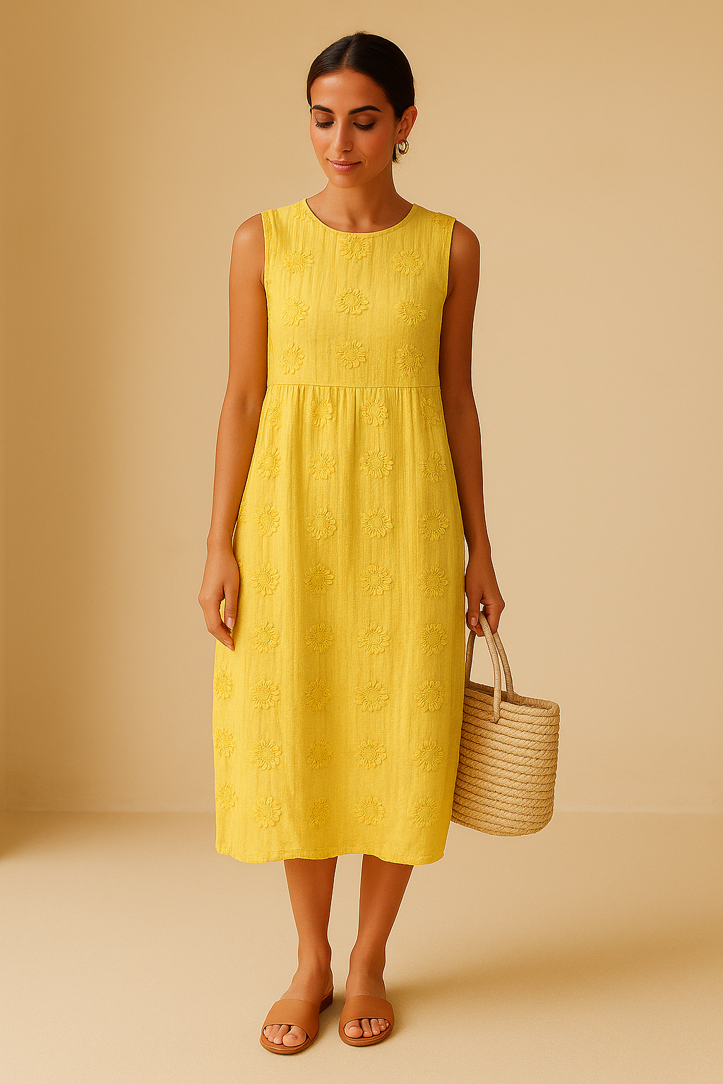 Robe évasée chic Theryn de Danoir Paris en vert, tissu fluide et élégant, portée avec style.
