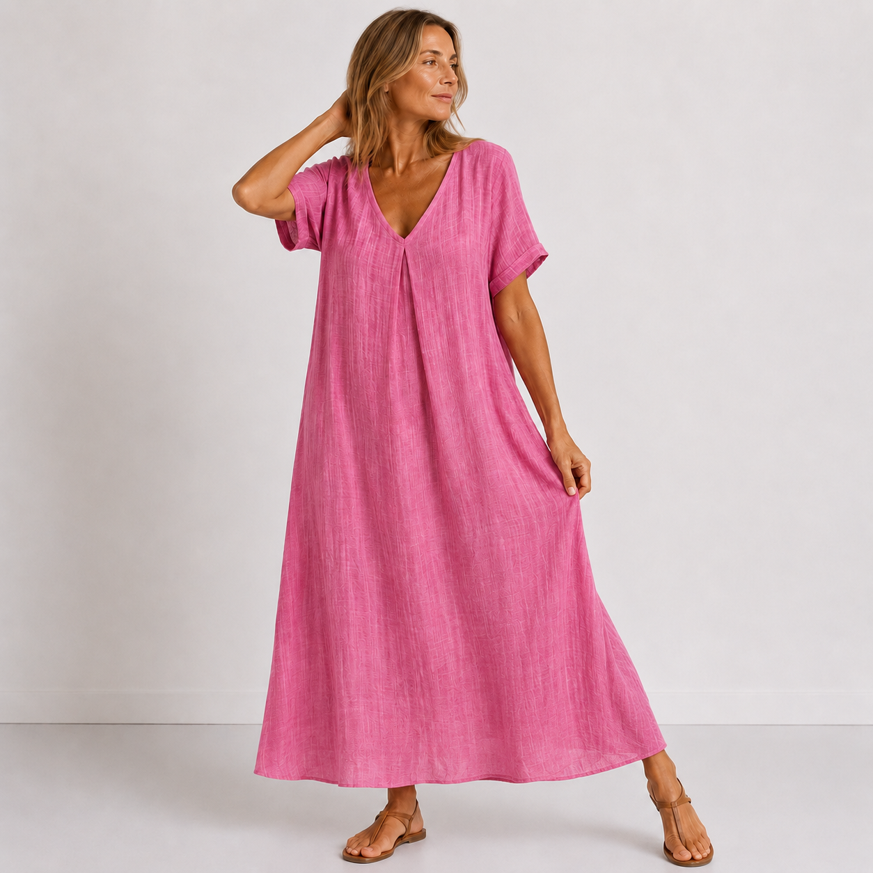 Robe longue fluide violette Danoir Paris portée, élégante et légère, avec détails subtils en tissu fluide.