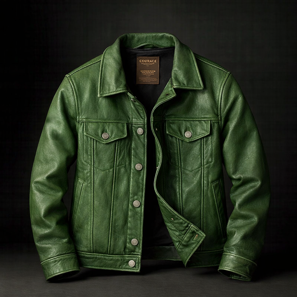 Veste rider verte pour homme Danoir Paris, en tissu robuste, avec col à revers et fermeture éclair.