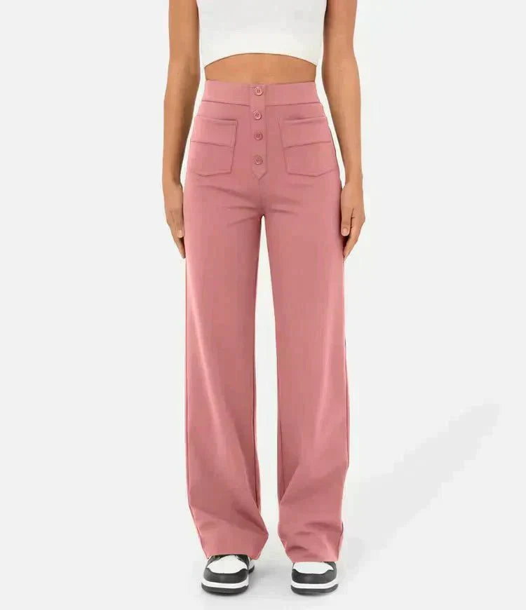 Pantalon Jade de Danoir Paris, élastique et confortable, taille haute, en tissu doux, porté avec un haut blanc, vue de face.