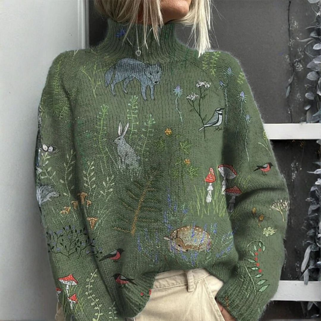 Pull à col roulé chaud et élégant de Danoir Paris, en laine douce, porté sur un mannequin dans une ambiance intérieure chaleureuse.