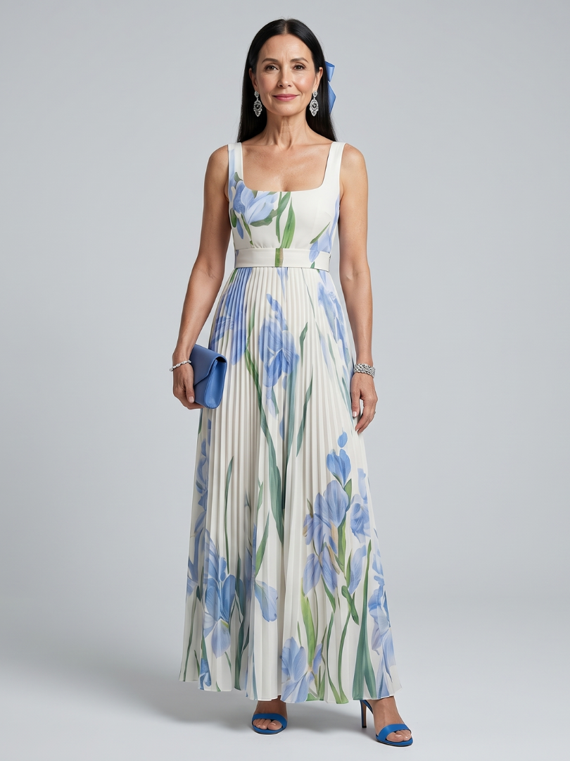 Robe midi sans manches Ophelia de Danoir Paris avec col carré et imprimé floral, visible en blanc dans l'image.