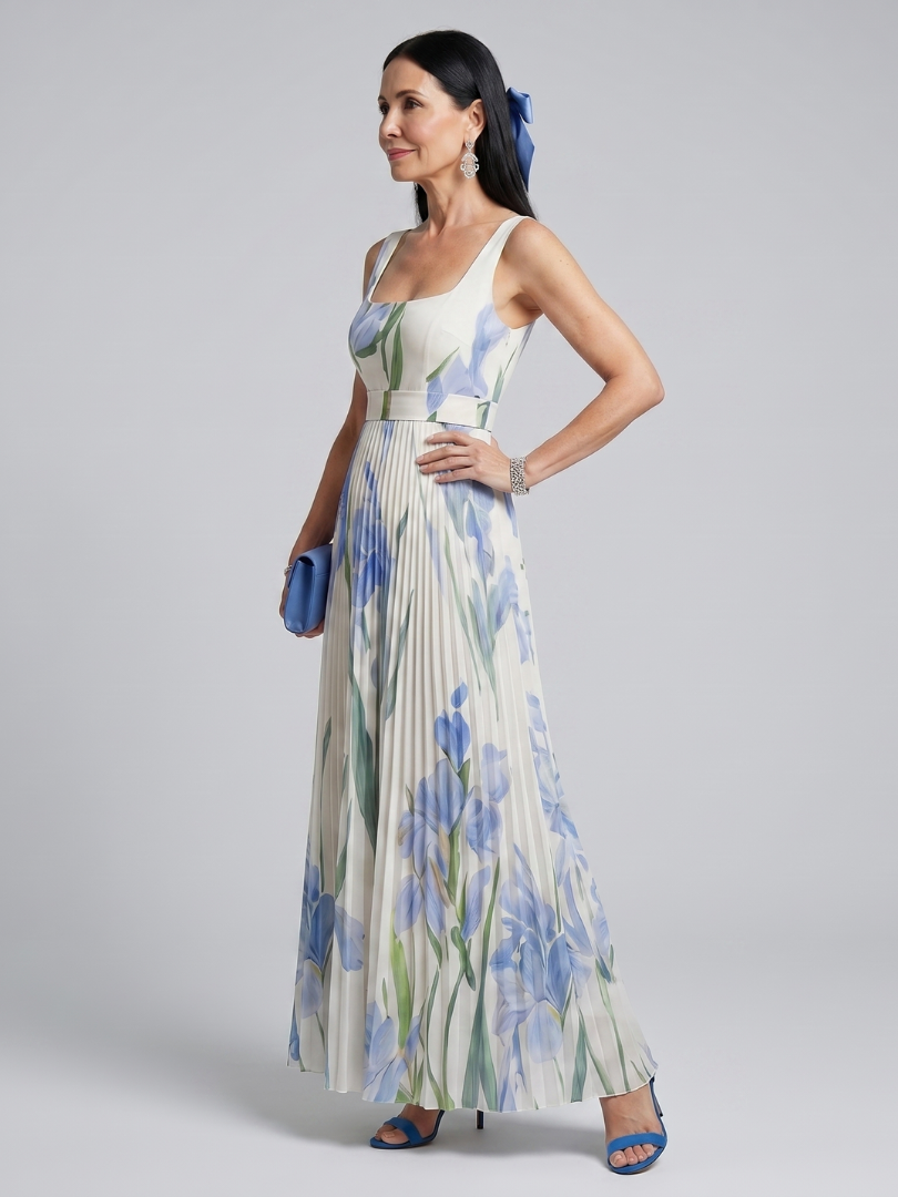 Robe midi sans manches Danoir Paris Ophelia avec col carré et imprimé floral blanc, élégante et féminine.