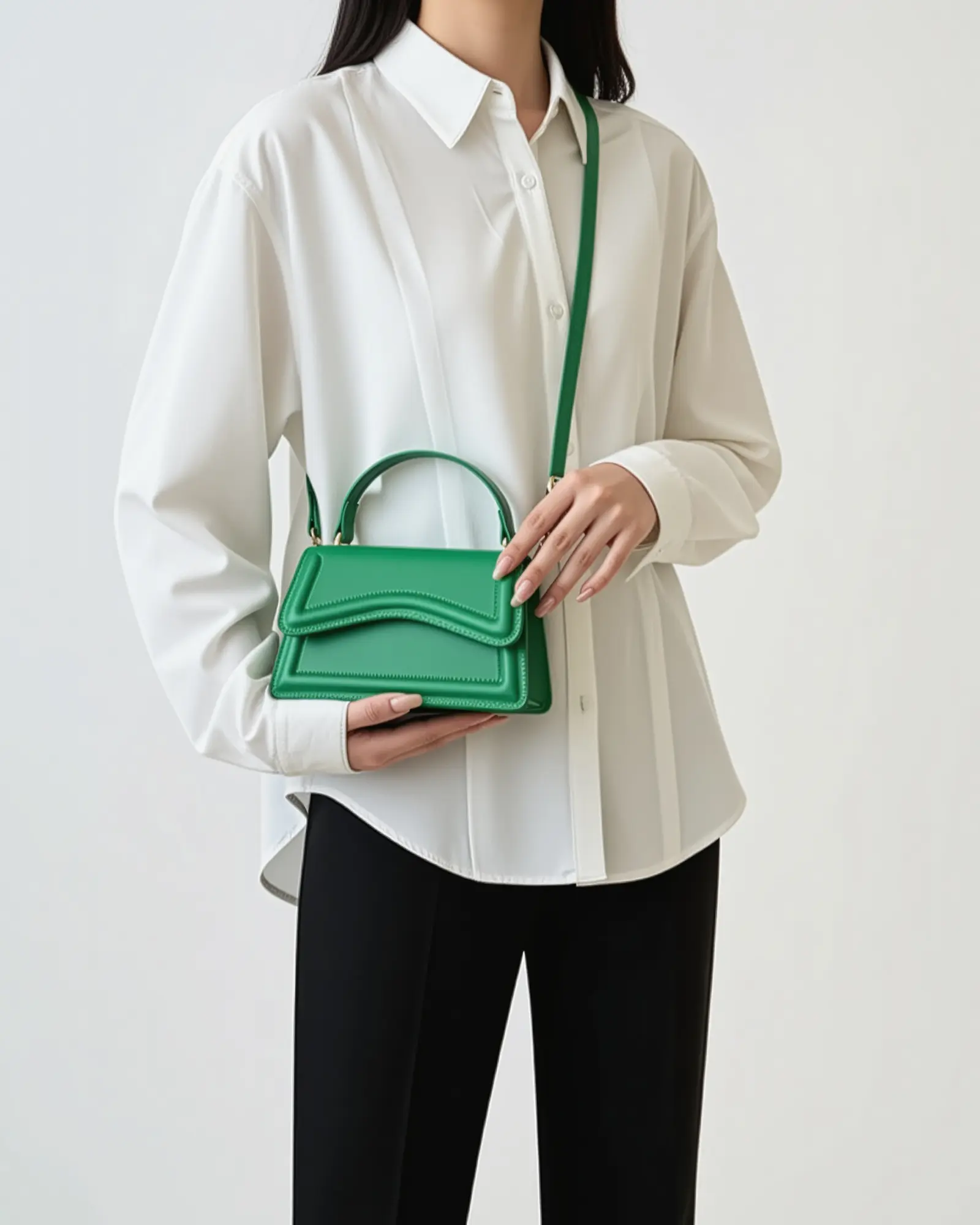 Sac à main Ibiza vert en cuir de Danoir Paris, avec poignées et détails élégants, posé sur une surface claire.
