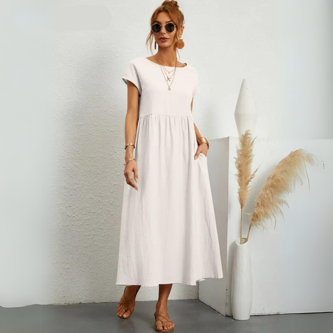 Robe midi décontractée en coton Isla pour femme, couleur neutre, tissu léger et confortable, par Danoir Paris.