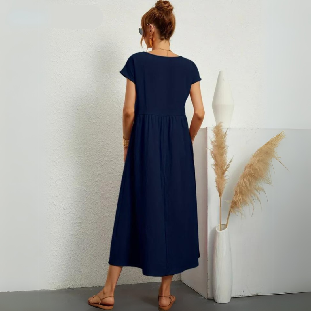 Robe midi décontractée en coton Danoir Paris pour femmes, couleur neutre, portée fluide et confortable.