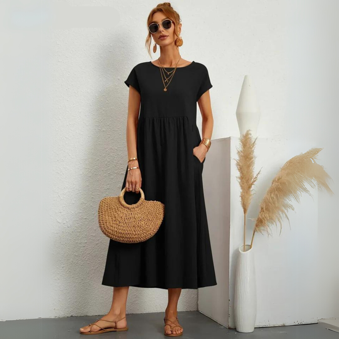 Robe midi décontractée en coton Danoir Paris pour femmes, tissu léger et style confortable, portée décontractée pour l'été.