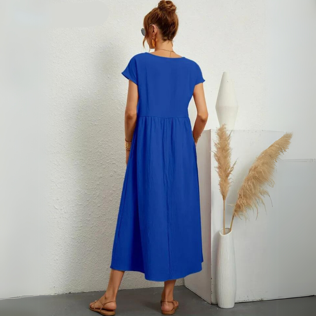Robe midi décontractée en coton Danoir Paris, femme, style simple et confortable, portée avec manches courtes et coupe fluide