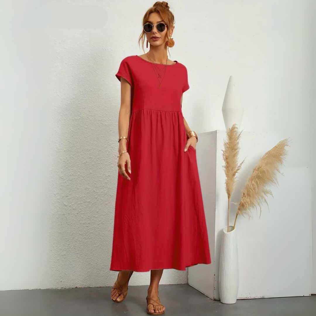 Robe midi décontractée en coton Isla pour femmes, marque Danoir Paris, avec coupe confortable et style simple.