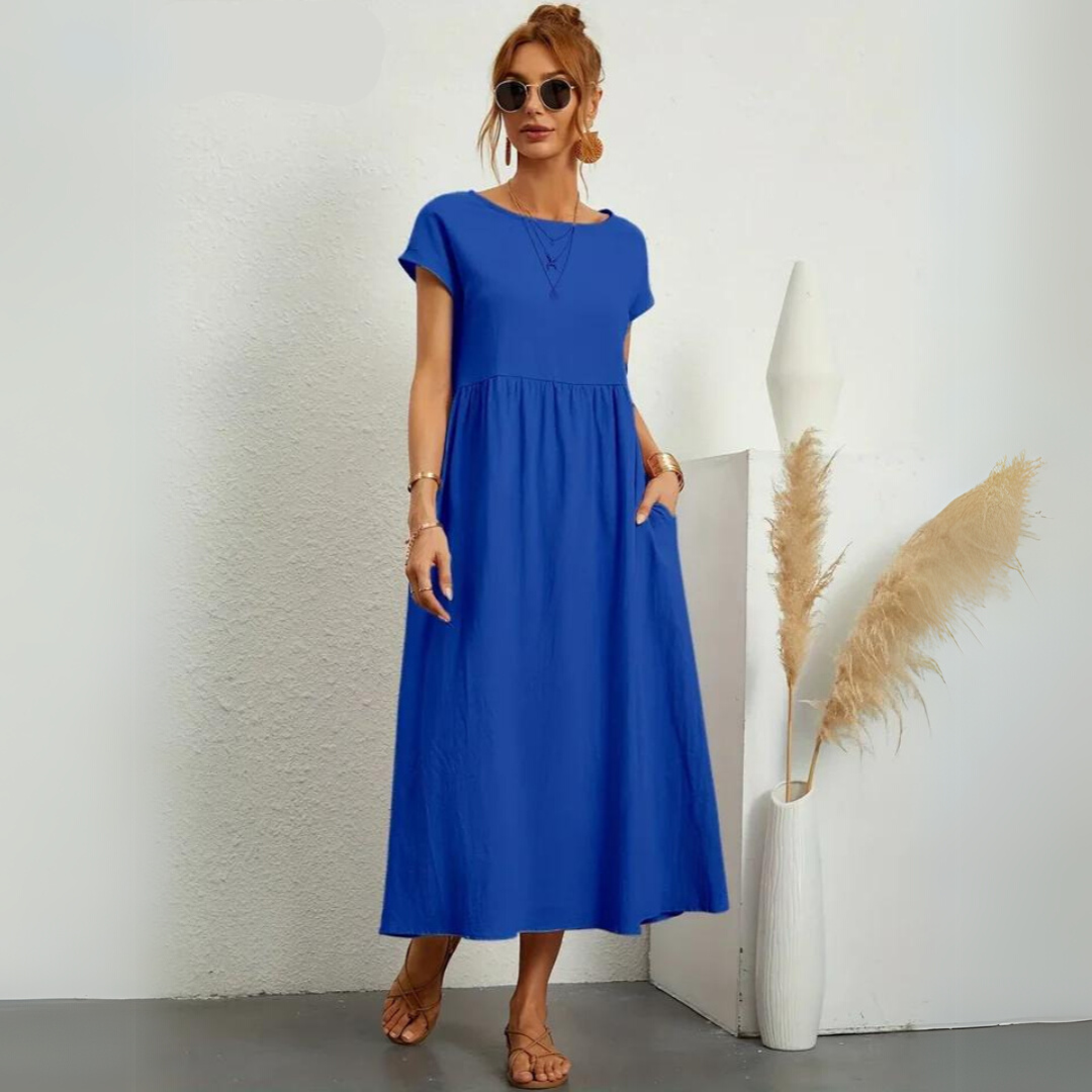 Robe midi décontractée en coton Isla pour femmes, marque Danoir Paris, tissu léger et style confortable.