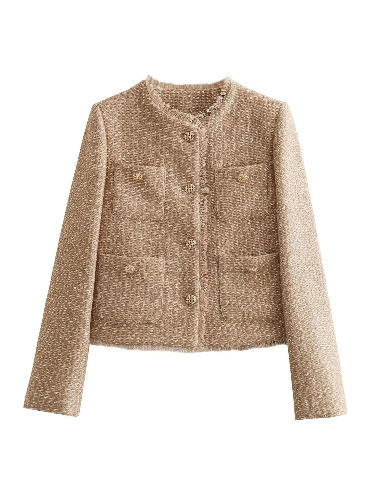 Veste chic beige Danoir Paris Alice, coupe élégante, tissu léger, portée sur un mannequin avec fond neutre.