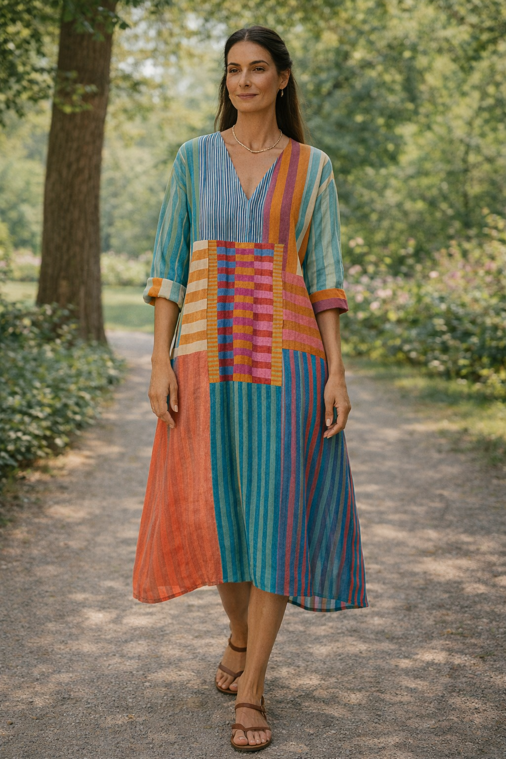 Robe géométrique élégante Lelly de Danoir Paris portée, avec motif moderne et coupe sophistiquée, vue de face.