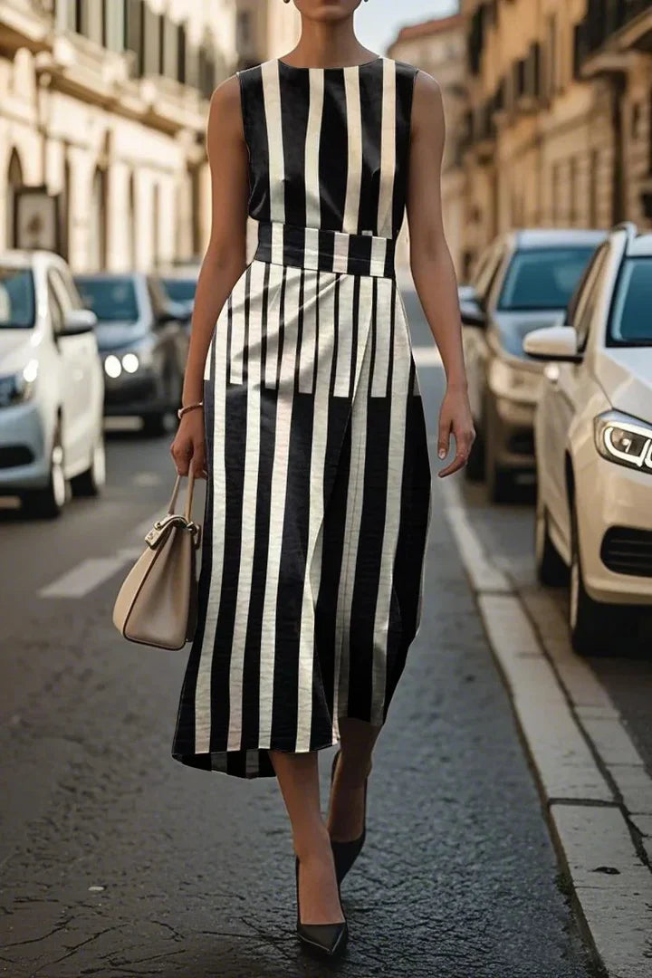 Robe graphique asymétrique Danoir Paris Zelva, design moderne avec coupe élégante et motifs audacieux, vue de face.