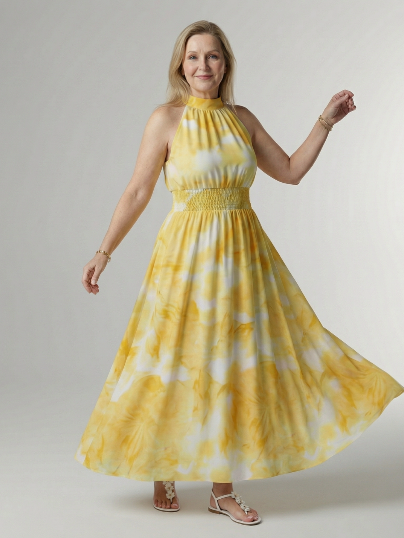 Robe midi à col halter Sylin de Danoir Paris, robe longue avec détail froncé et style élégant, vue de face.