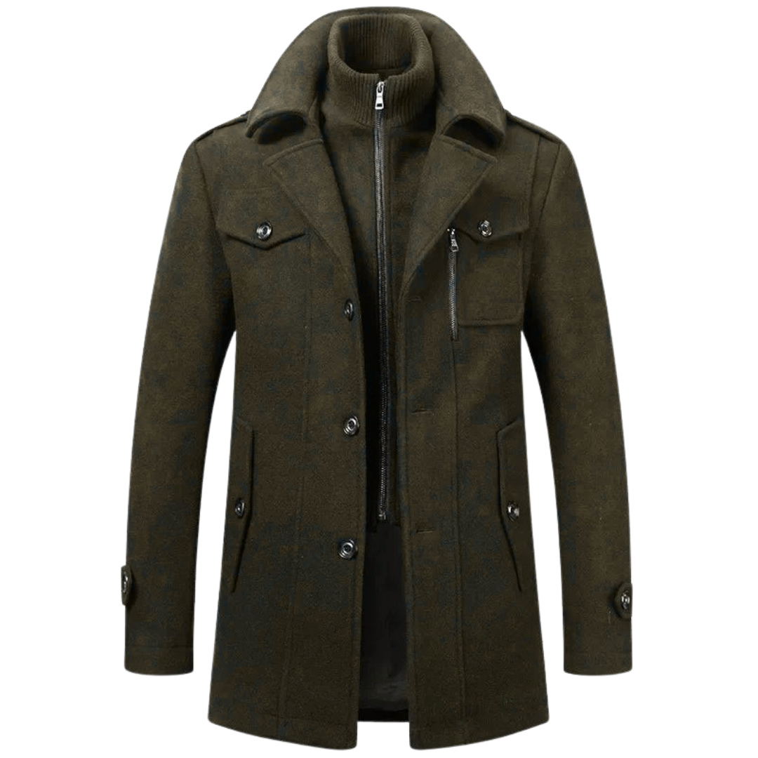 Veste d’hiver élégante Danoir Paris, en tissu chaud et sophistiqué, avec fermeture à boutons et col montant.