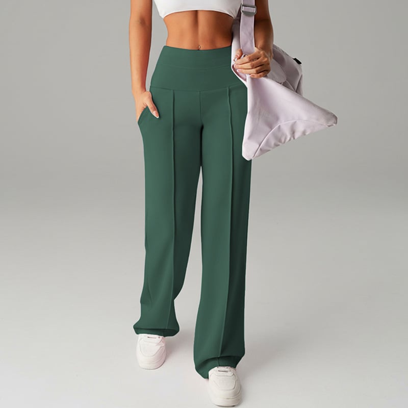 Pantalon femme à jambes larges et droites, taille haute en tissu extensible, marque Danoir Paris, vue de face.