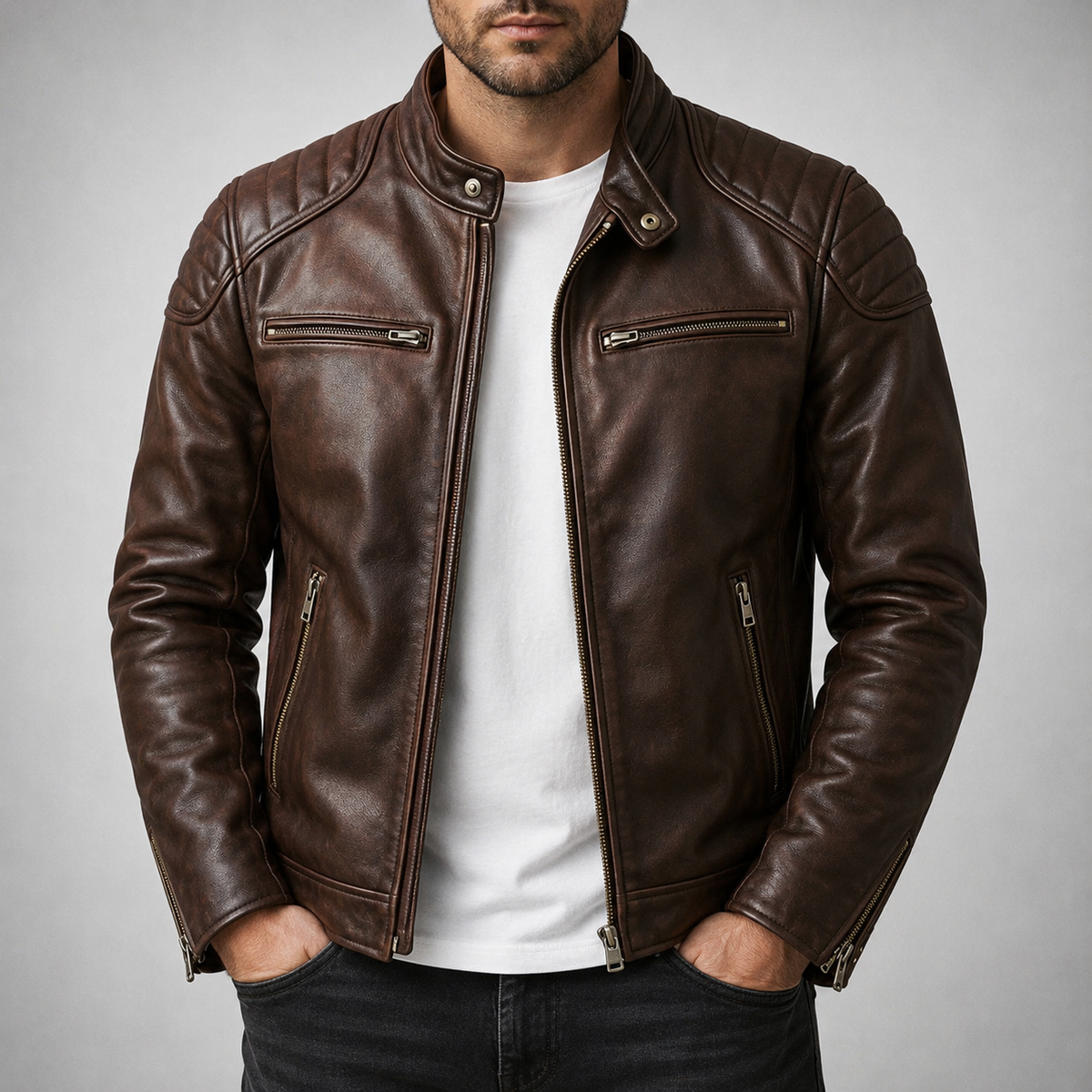 Veste en cuir Colt Maddox de Danoir Paris, coupe ajustée, fermeture éclair et détails en métal, vue de face.