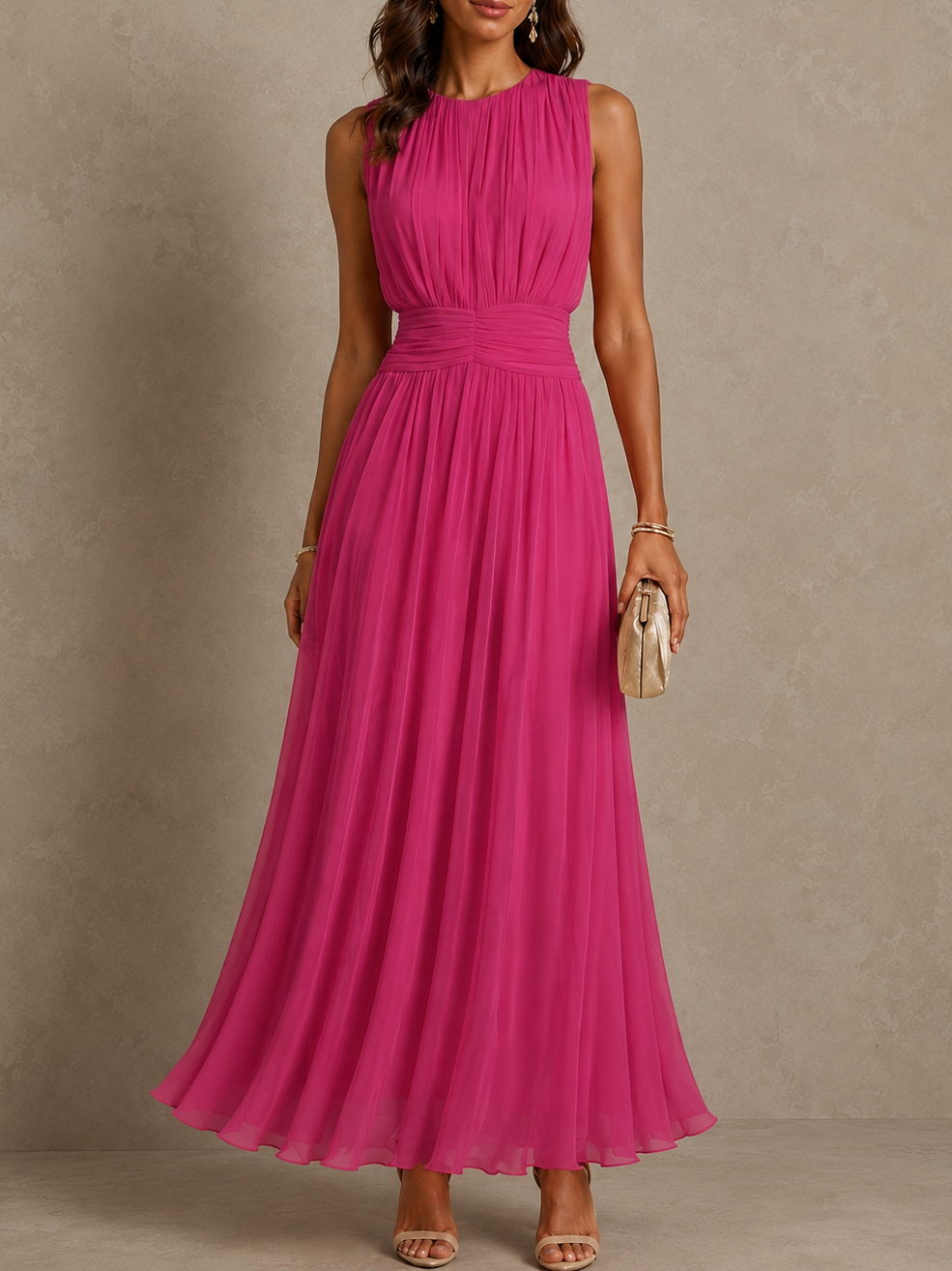 Robe maxi sans manches en chiffon avec taille froncée de la marque Danoir Paris, couleur légère et fluide.