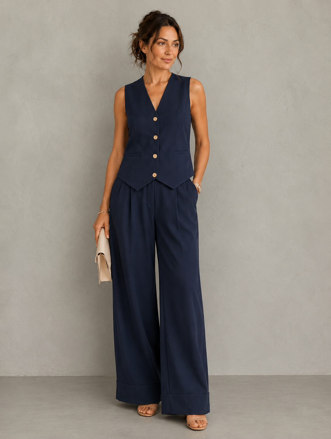 Ensemble élégant ALEKSANDRA d'Elvena, vêtement chic avec détails sophistiqués, présenté sur un mannequin en tissu raffiné.