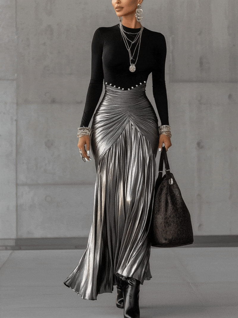 Robe Maxi Plissée Métallique Argentée à Col Rond Noir - Expédition en 24 Heures