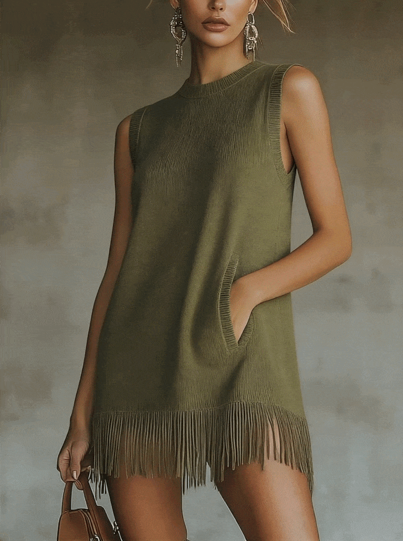 Robe Mini Tricot Sans Manches Vert Olive Avec Ourlet Frangé - Expédition en 24 Heures