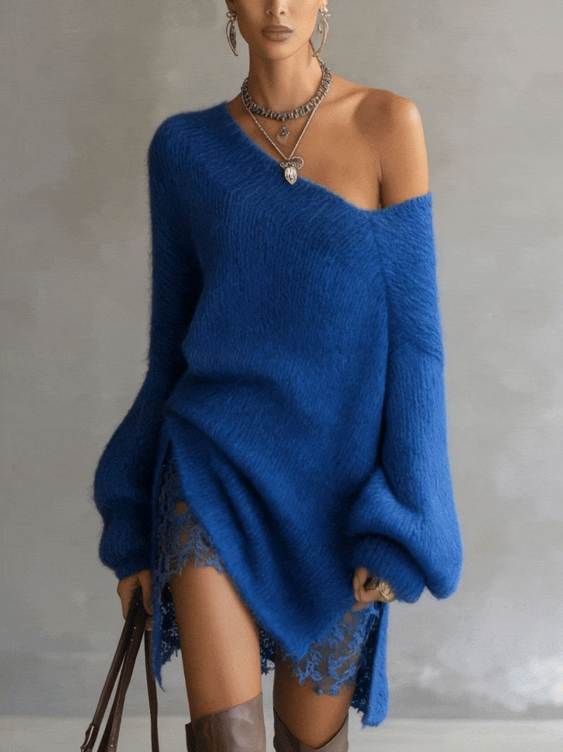 Robe Pull Mohair Bleu à Manches Décollées Avec Finition en Dentelle - Expédition en 24 Heures