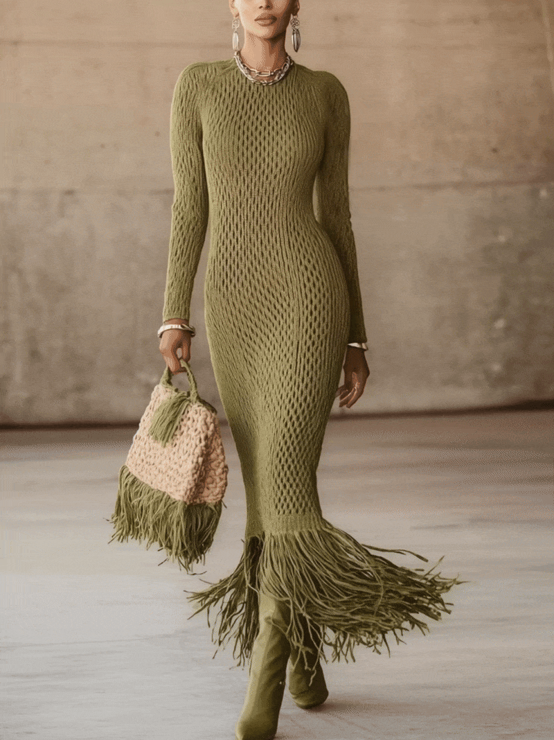 Robe Maxi Bodycon à Hem Frangé en Tricot Vert Olive - Expédition en 24 Heures