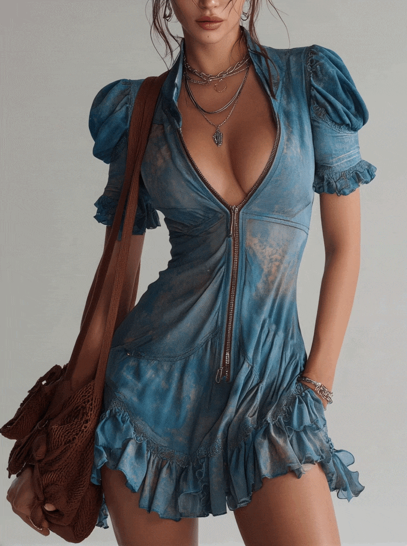 Robe Mini Zippée Fleurie en Chiffon Bleu avec Expédition en 24 Heures
