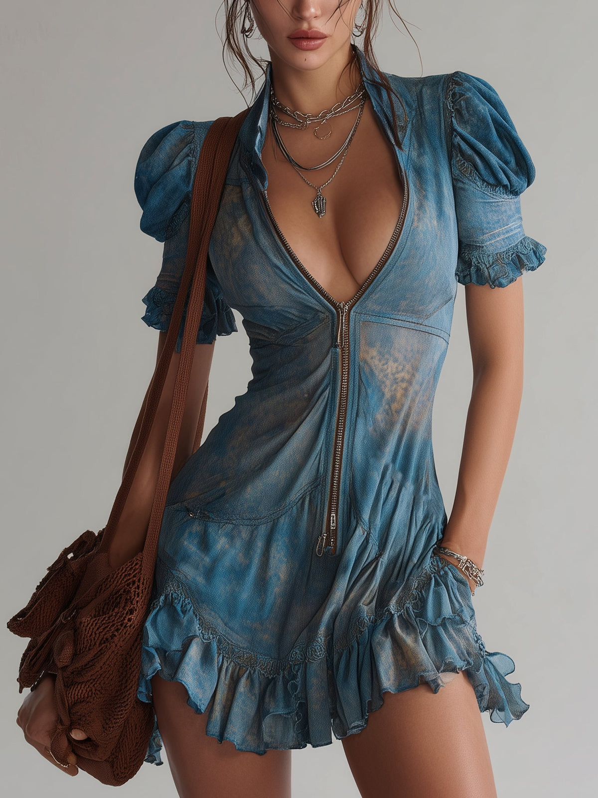 Robe Mini Zippée Fleurie en Chiffon Bleu avec Expédition en 24 Heures