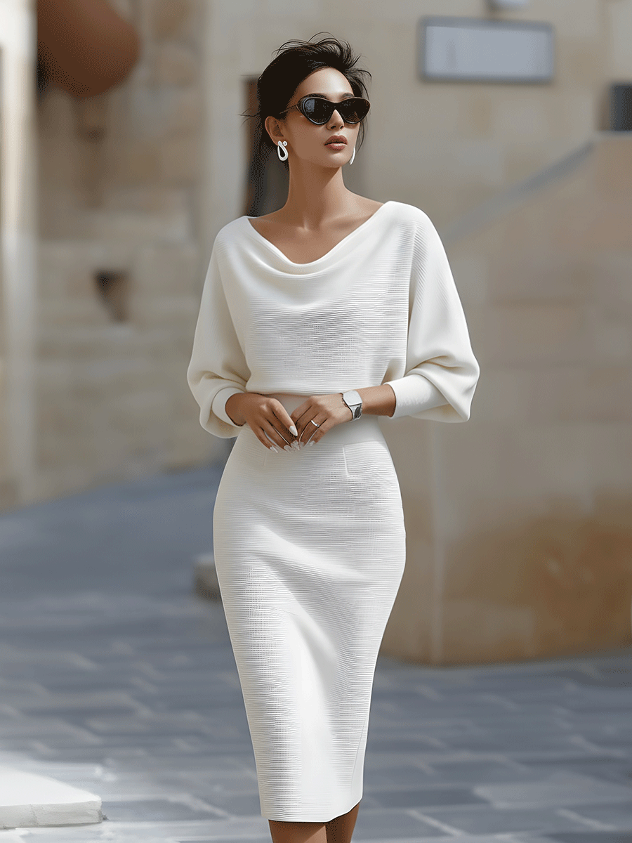 Robe midi à manches chauve-souris Danoir Paris Lydia, drapée, longueur mi-mollet, tissu fluide, style élégant et moderne.