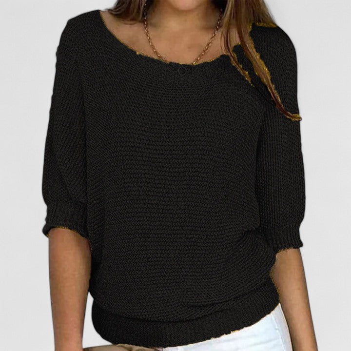 Pull en maille Rachel de Danoir Paris, vêtement sans effort en tissu doux, porté en gros plan sur mannequin.