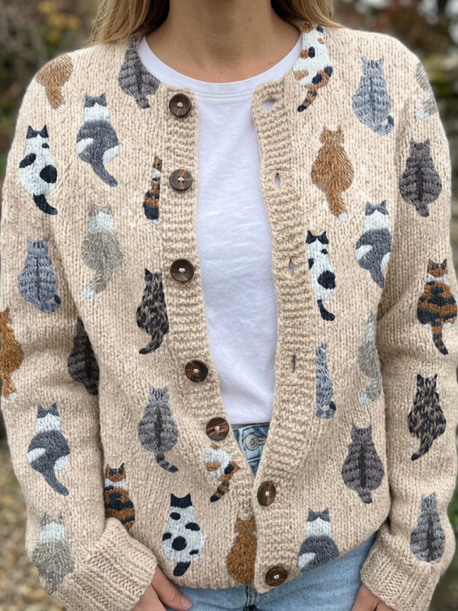 Charlotte™ | Cardigan en maille imprimé chat