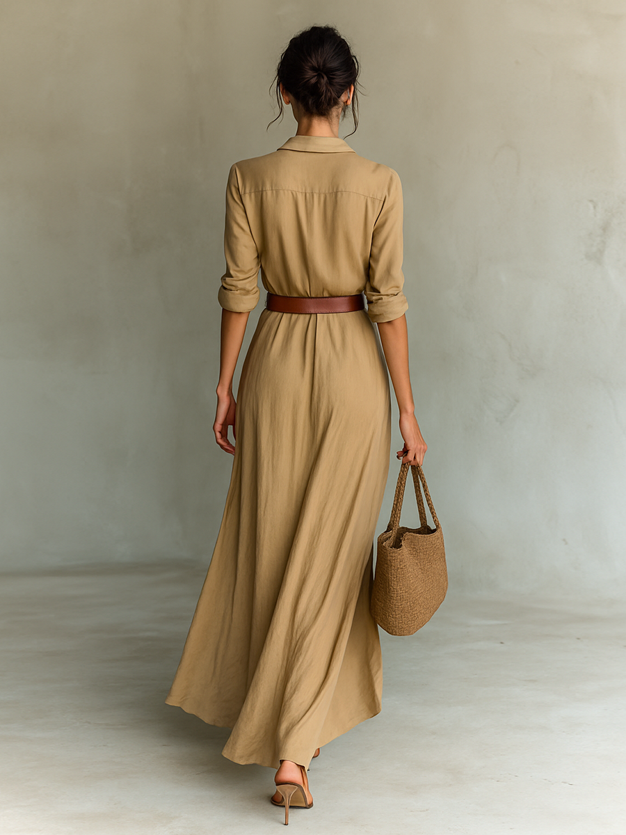 Robe longue décontractée Danoir Paris Victoire en tissu léger, coupe fluide et élégante, portée sur un mannequin.