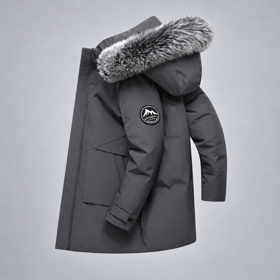 Parka Arctic Danoir Paris en gris avec capuche, tissu chaud et résistant pour l'hiver, image sur fond neutre.