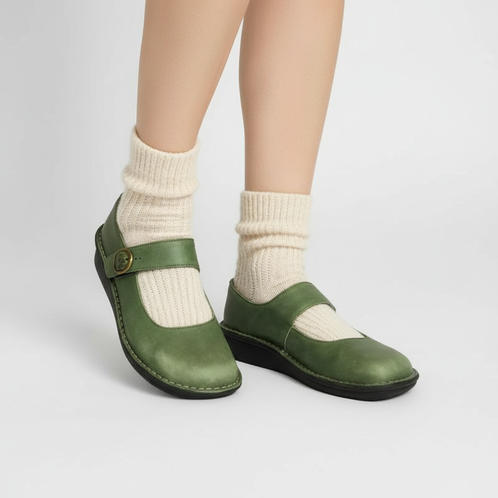 Chaussures Mary Jane Hedwig de Danoir Paris, modèle avec bride et semelle en cuir, vue de face sur fond blanc.