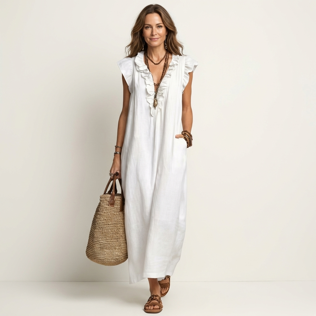 Josette | Robe Maxi à Col V avec Volants