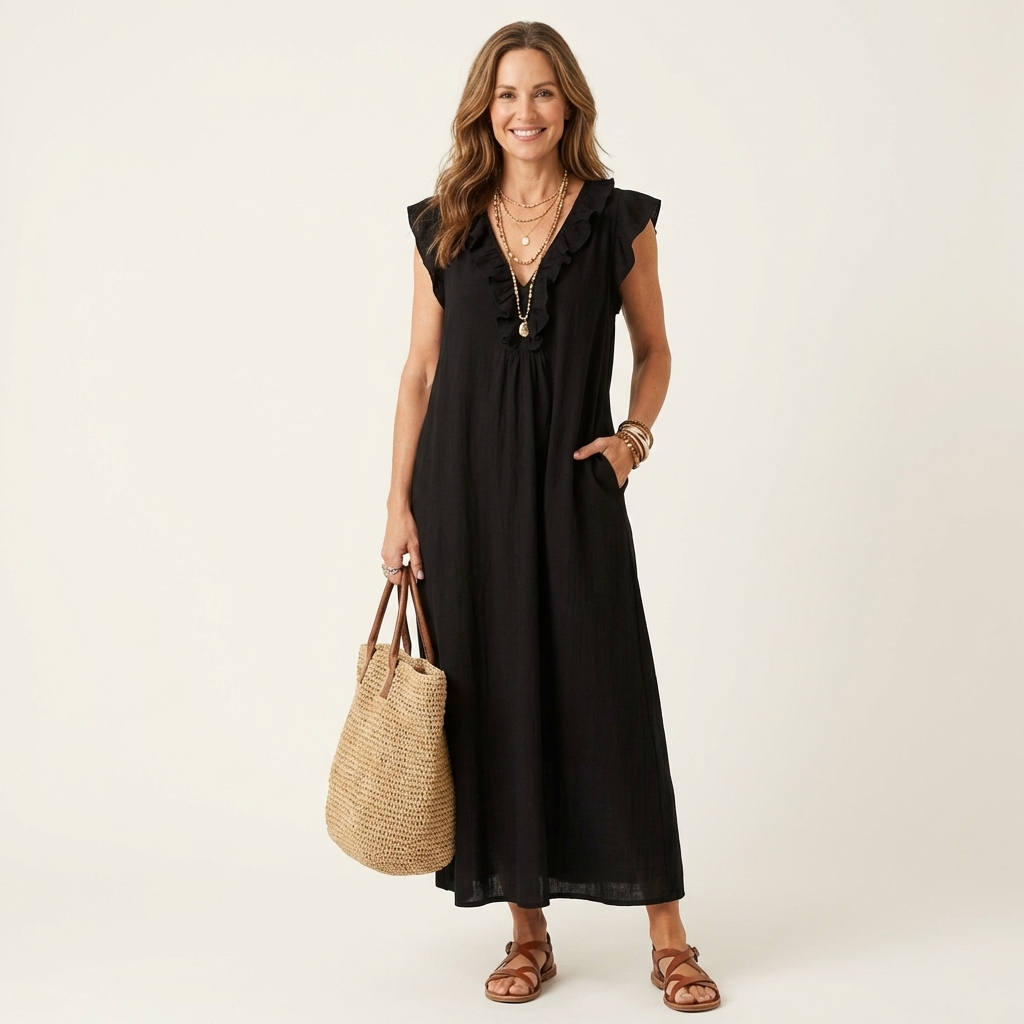Josette | Robe Maxi à Col V avec Volants