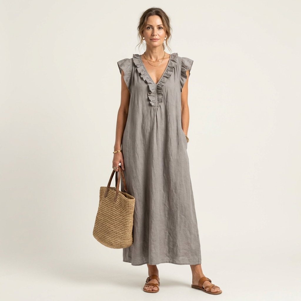 Josette | Robe Maxi à Col V avec Volants