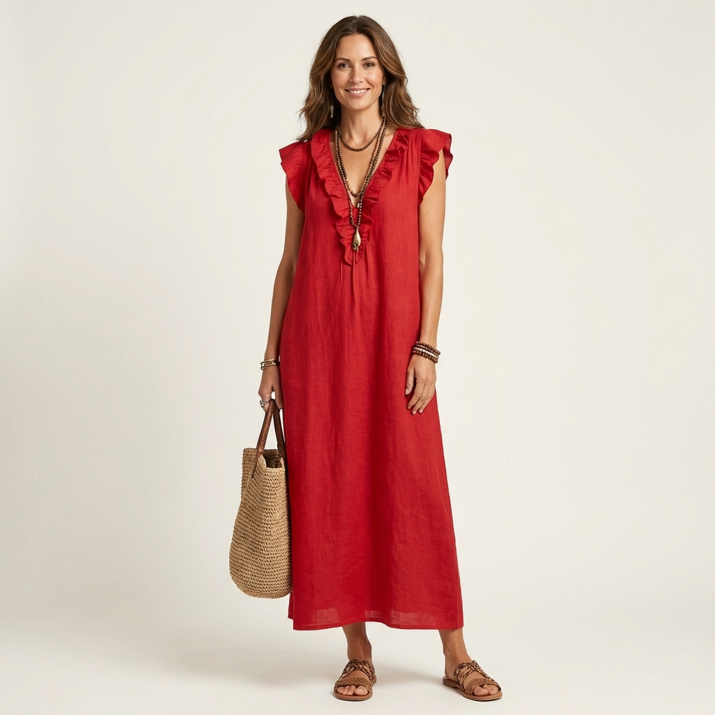 Josette | Robe Maxi à Col V avec Volants