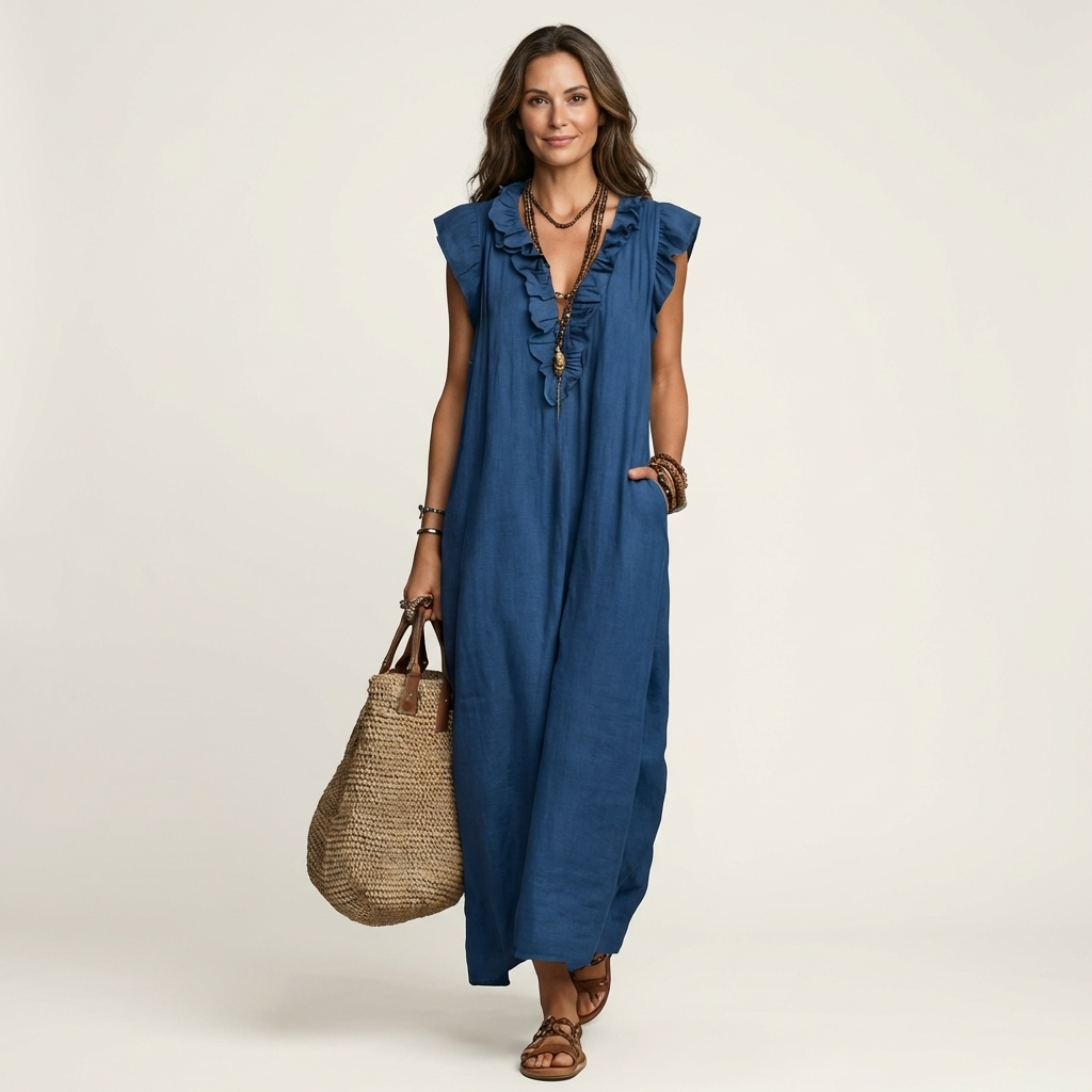 Josette | Robe Maxi à Col V avec Volants