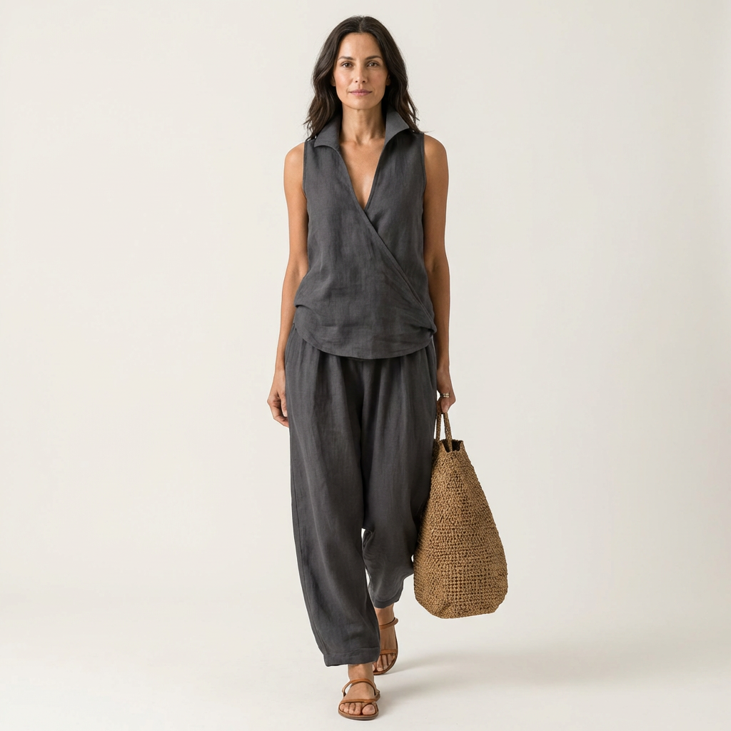 Twiila | Cross-Front Ensemble Top & Wide-Leg Pants