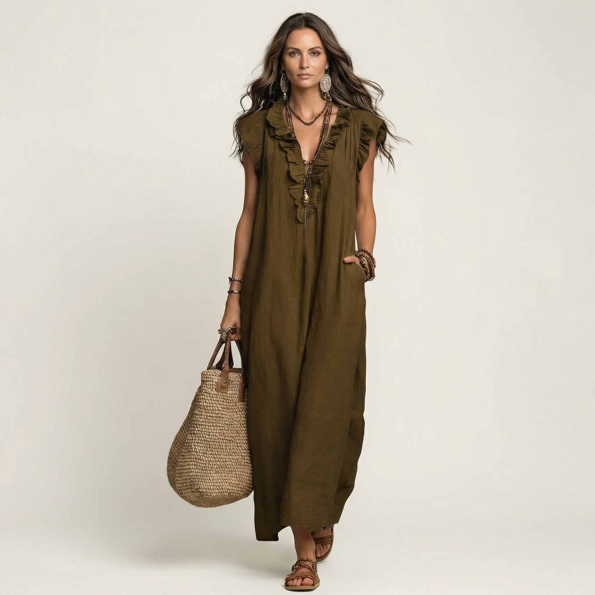 Josette | Robe Maxi à Col V avec Volants