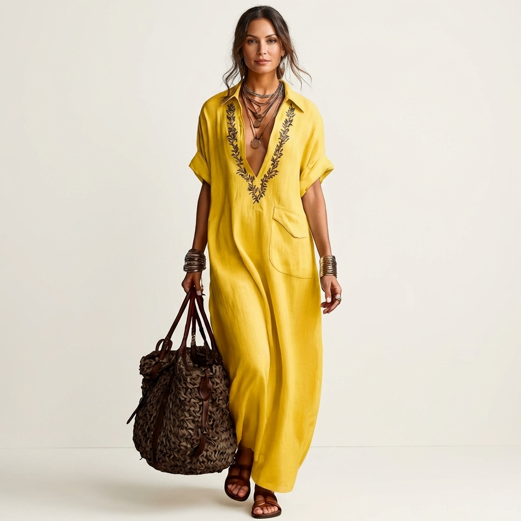 Amarina | Robe maxi en lin avec col en V brodé
