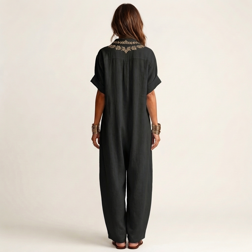 Amarina | Robe maxi en lin avec col en V brodé